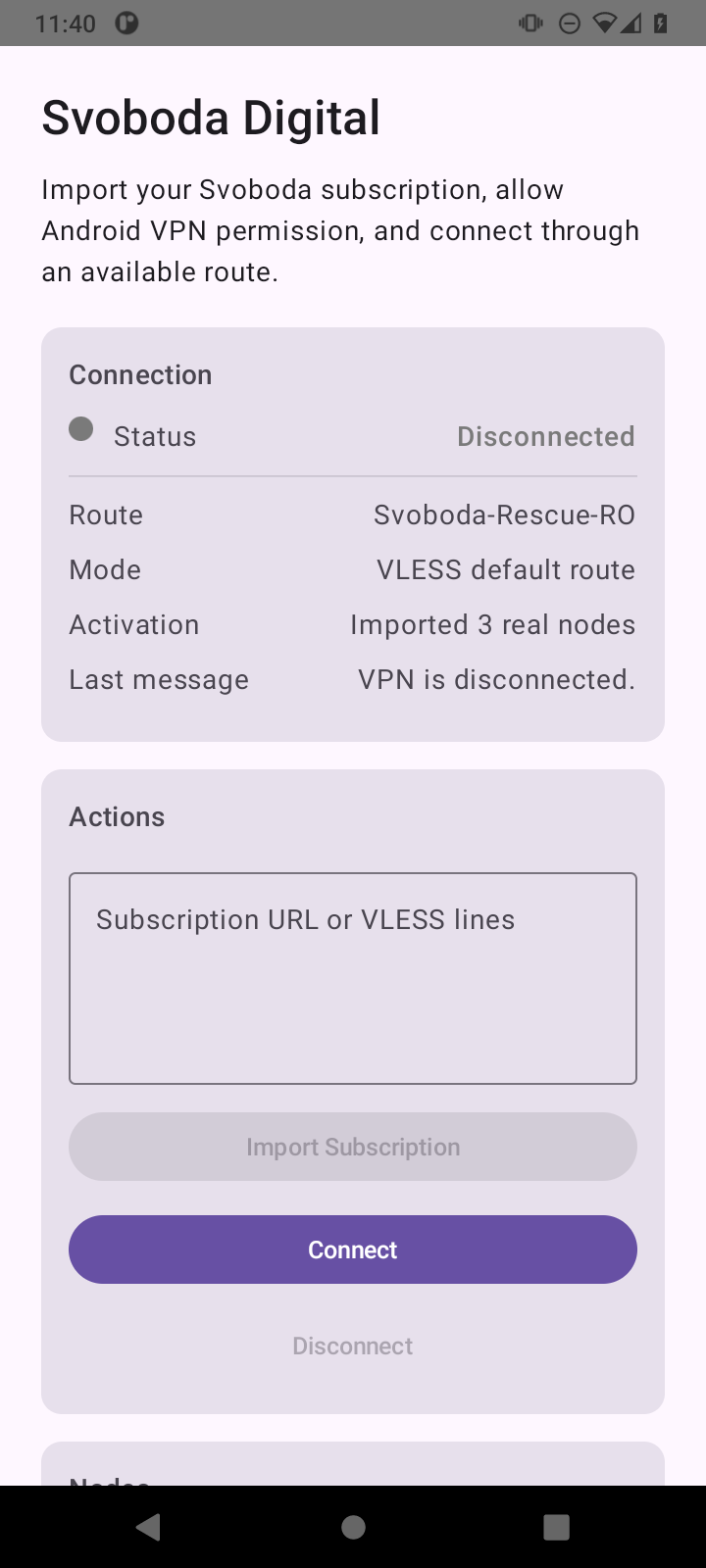 Экран Android-приложения Svoboda с импортом подписки и кнопкой Connect