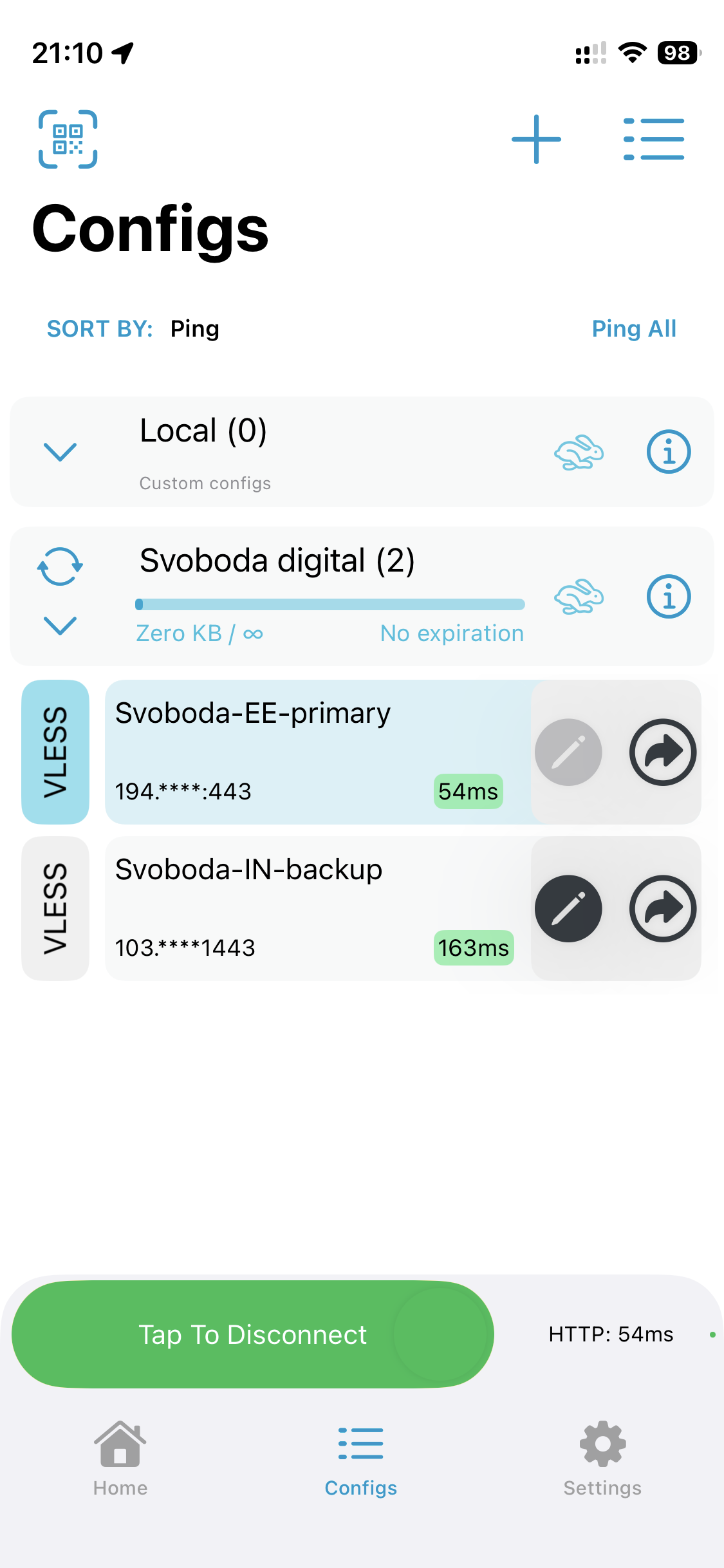 Configs screen with Svoboda nodes