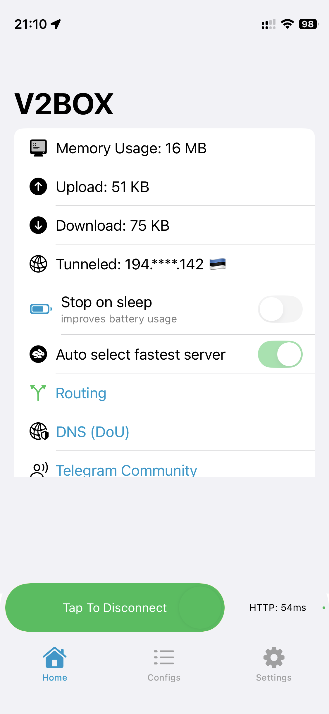 Home screen with Auto select fastest server